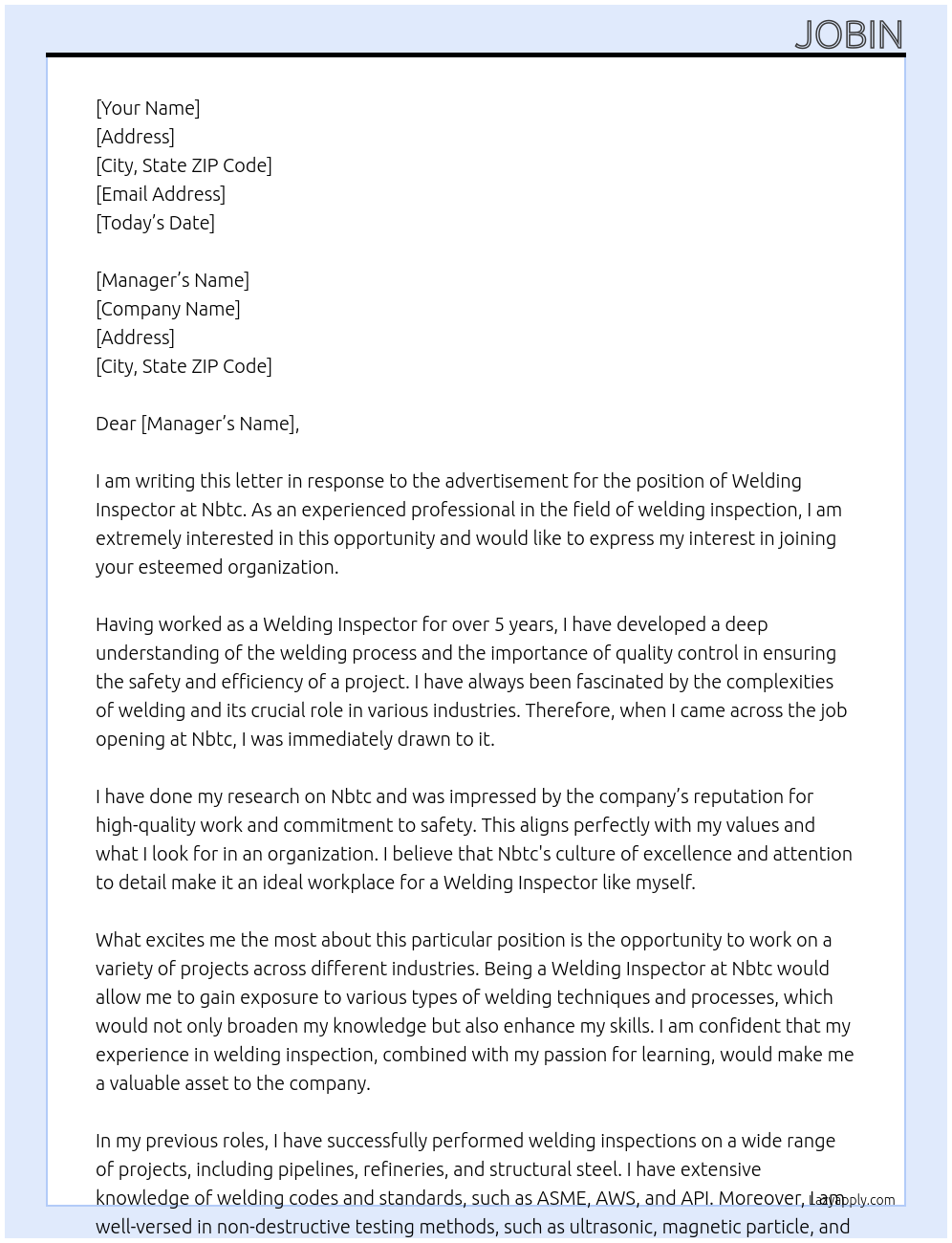 Welding inspector  At Nbtc Cover Letter