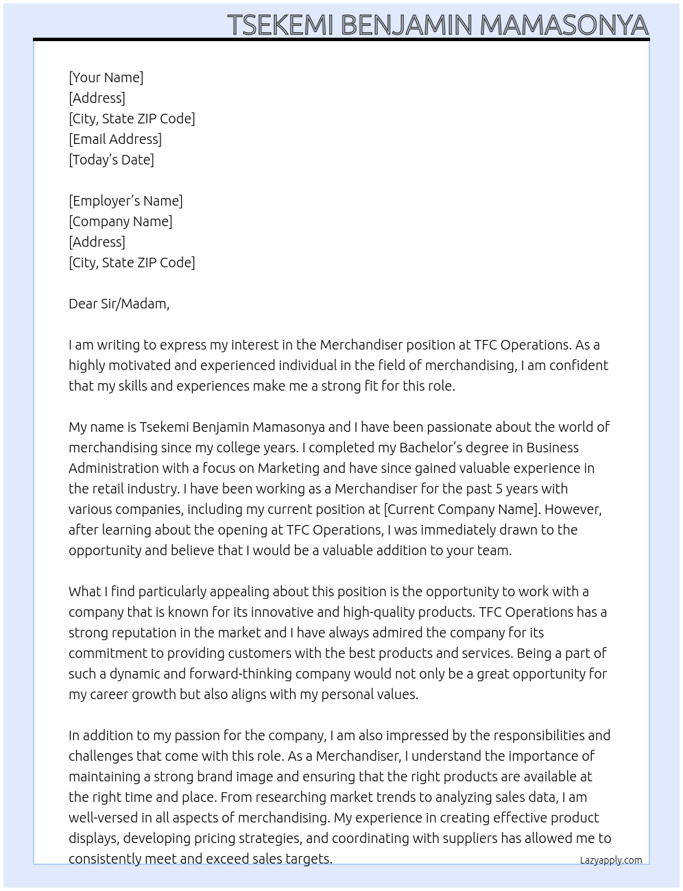 Merchandiser At TFC Operations Cover Letter