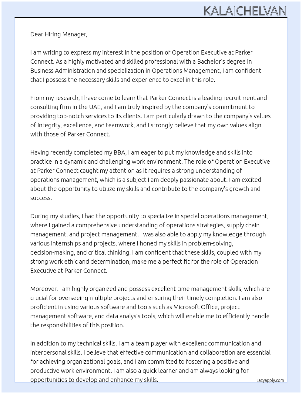 Operation Executive  At Parker connect  Cover Letter