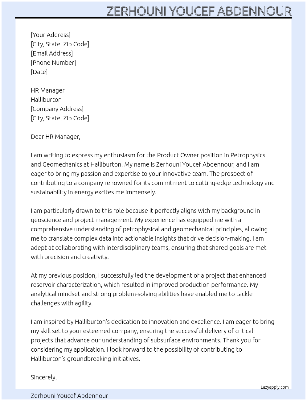 Product Owner- Petrophysics and Geomechanics At Halliburton Cover Letter