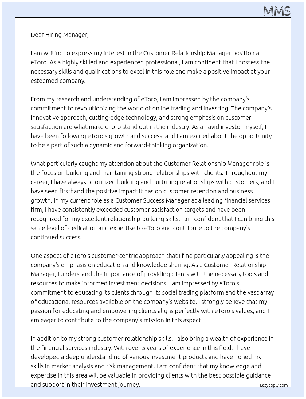 Customer relationship Manager At eToro Cover Letter