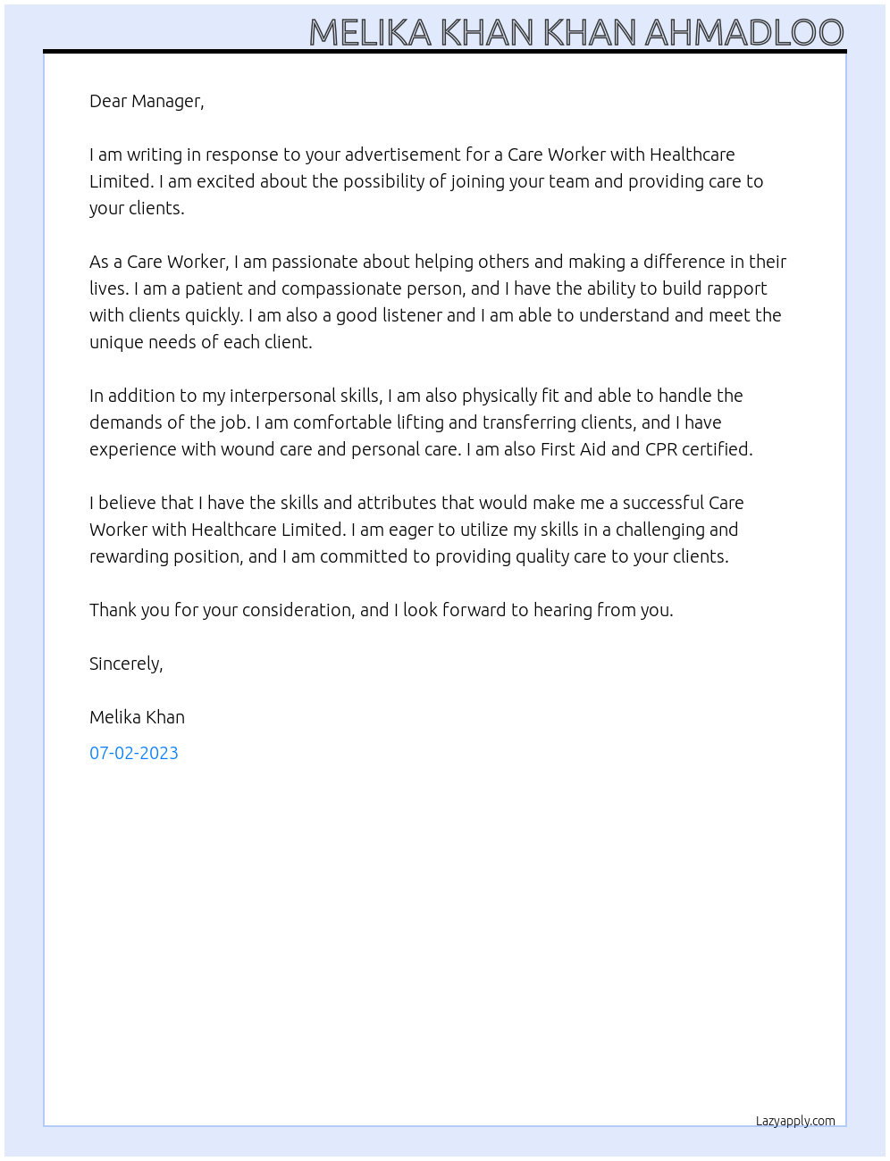 Care worker At Healthcare limited  Cover Letter