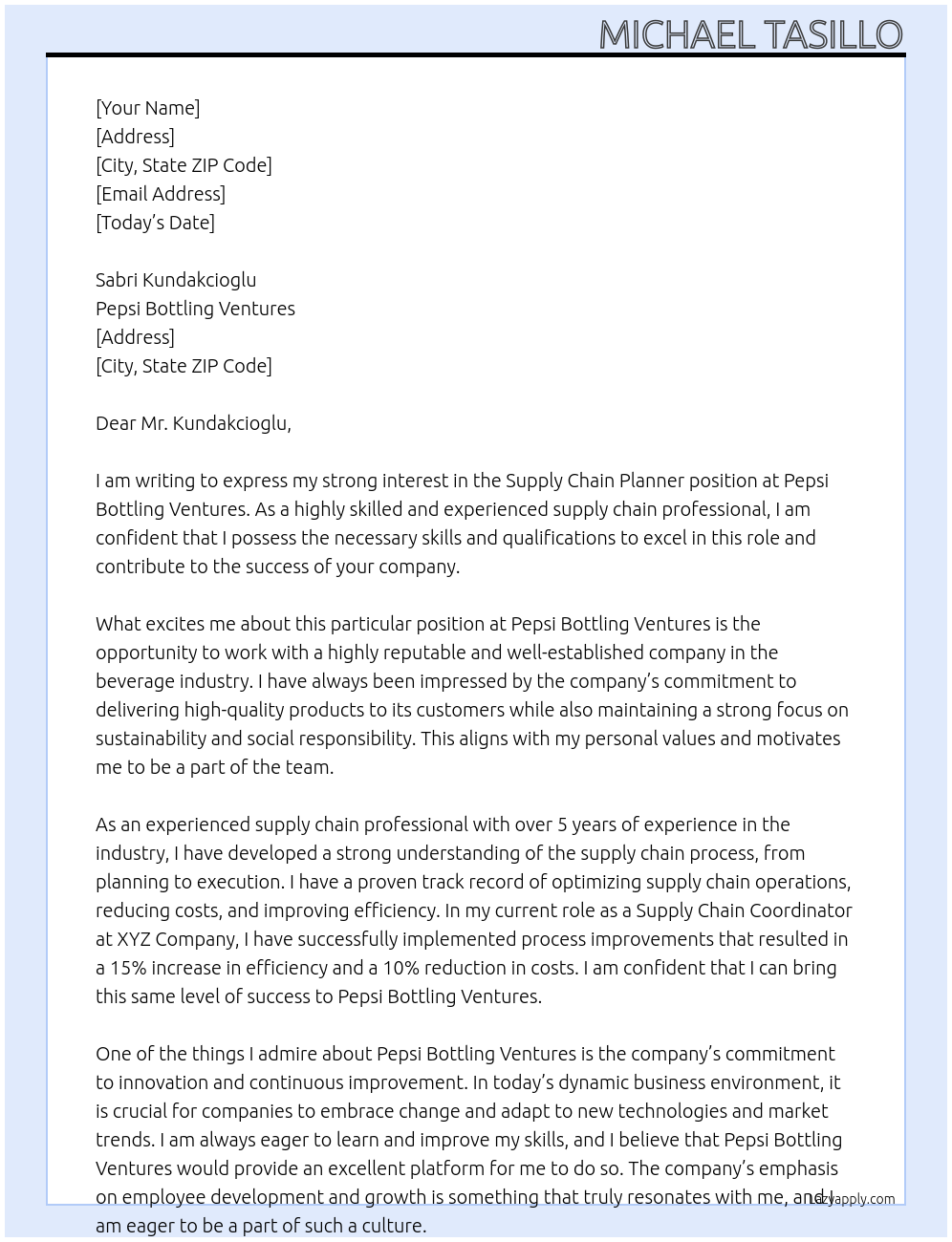 Supply Chain Planner At Pepsi Bottling Ventures Cover Letter