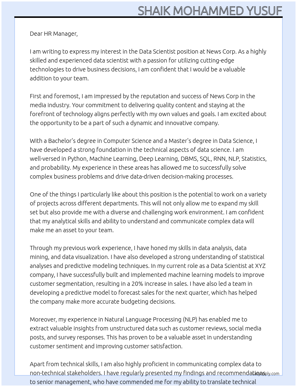 Data Scientist At News corp Cover Letter