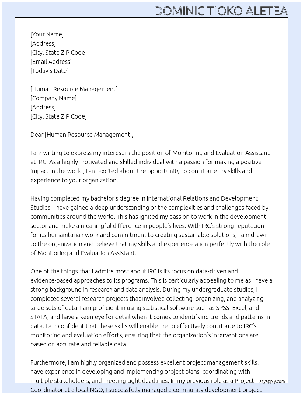 MONITORING AND EVALUATION ASSISTANT At IRC Cover Letter