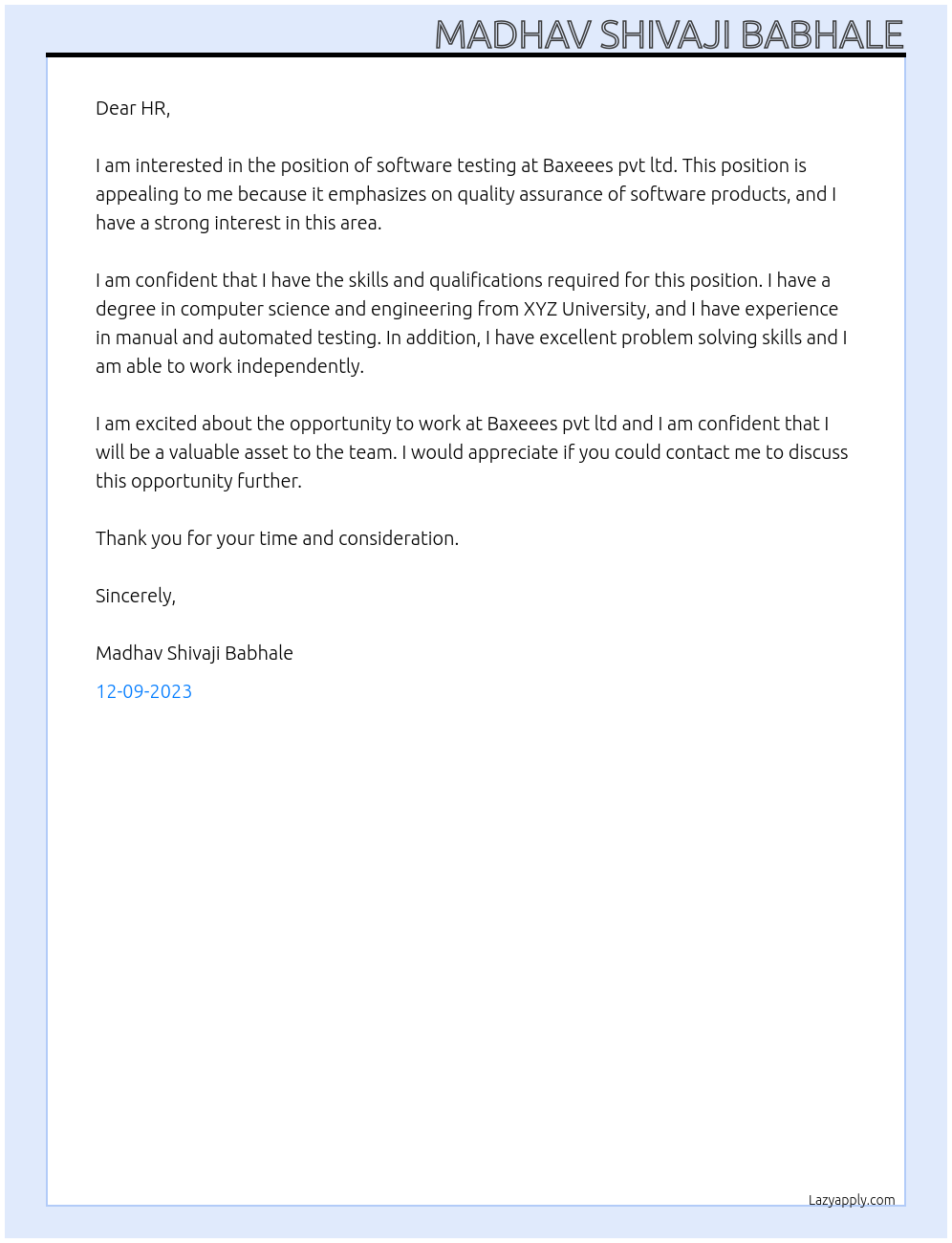 Software Testing At Baxeees pvt ltd. Cover Letter