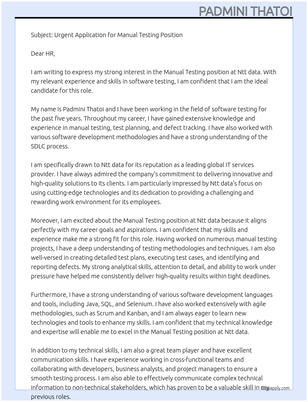 Manual Testing At Ntt data Cover Letter