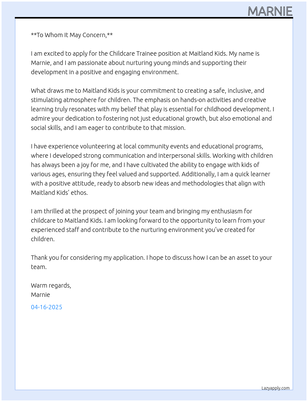 Childcare Trainee At Maitland Kids Cover Letter