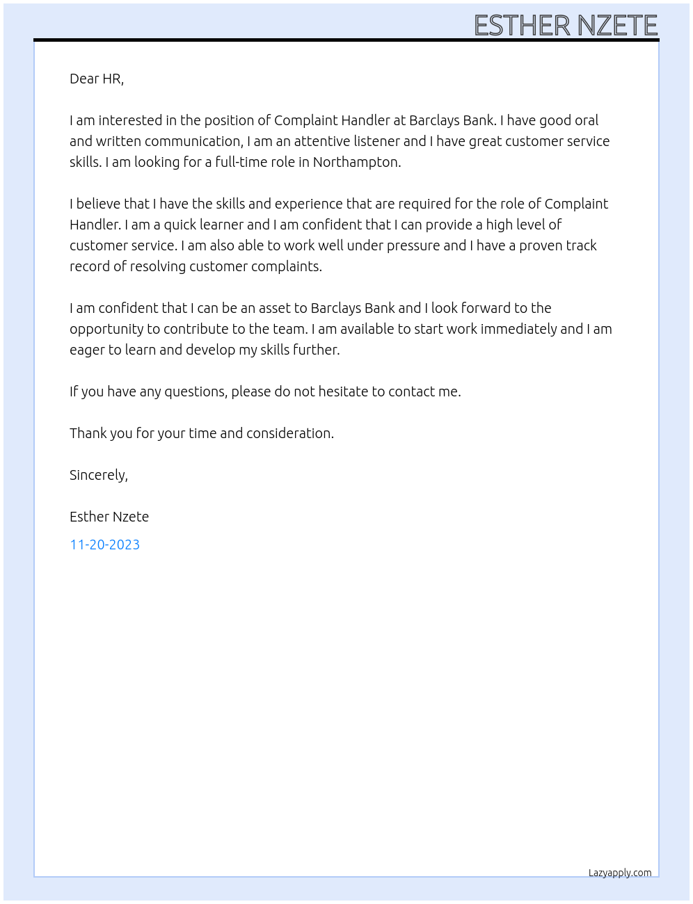 Complaint Handler At Barclays Bank  Cover Letter