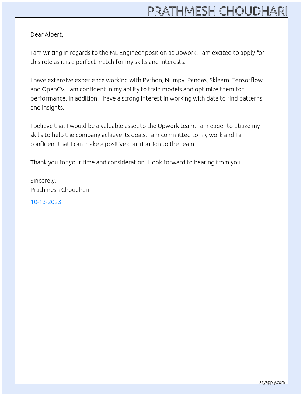 ML Engineer At Upwork Cover Letter