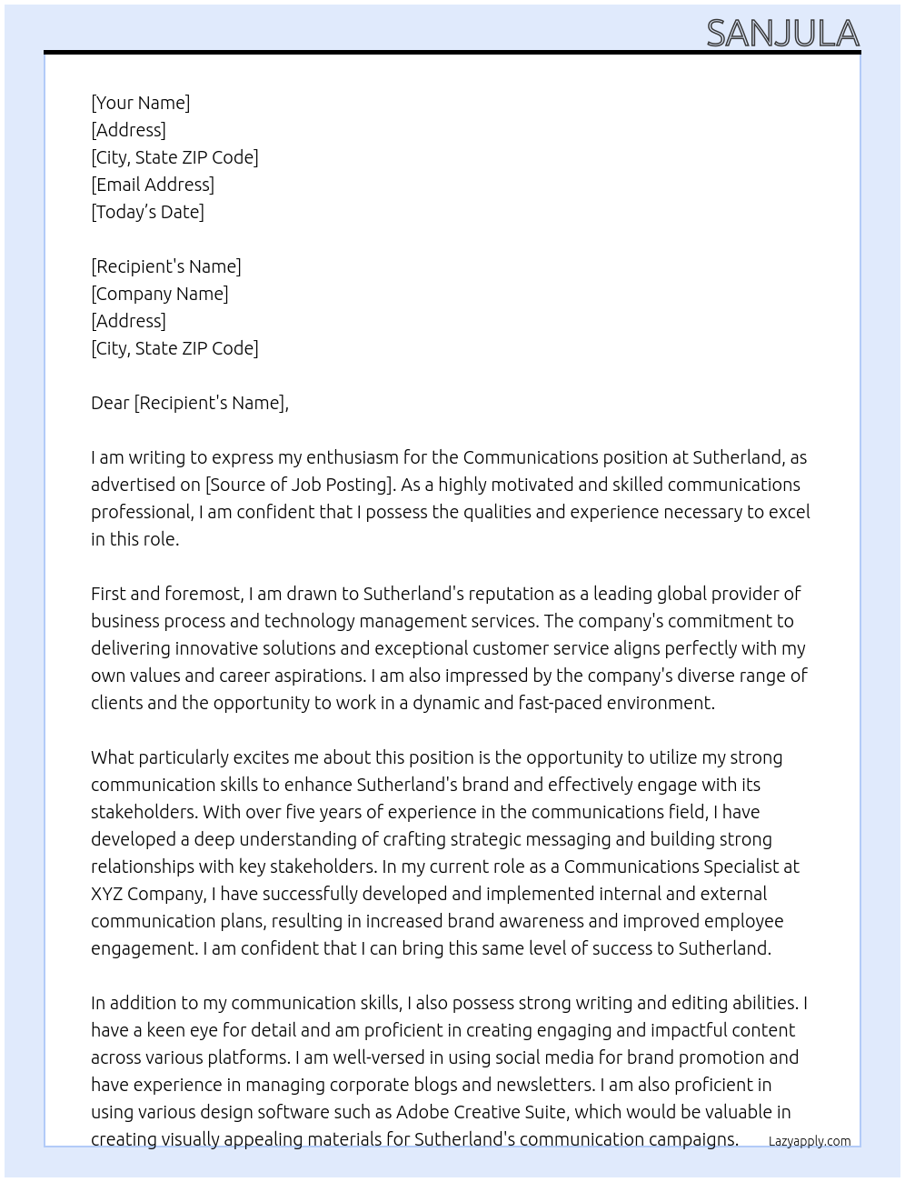 communications At sutherland Cover Letter