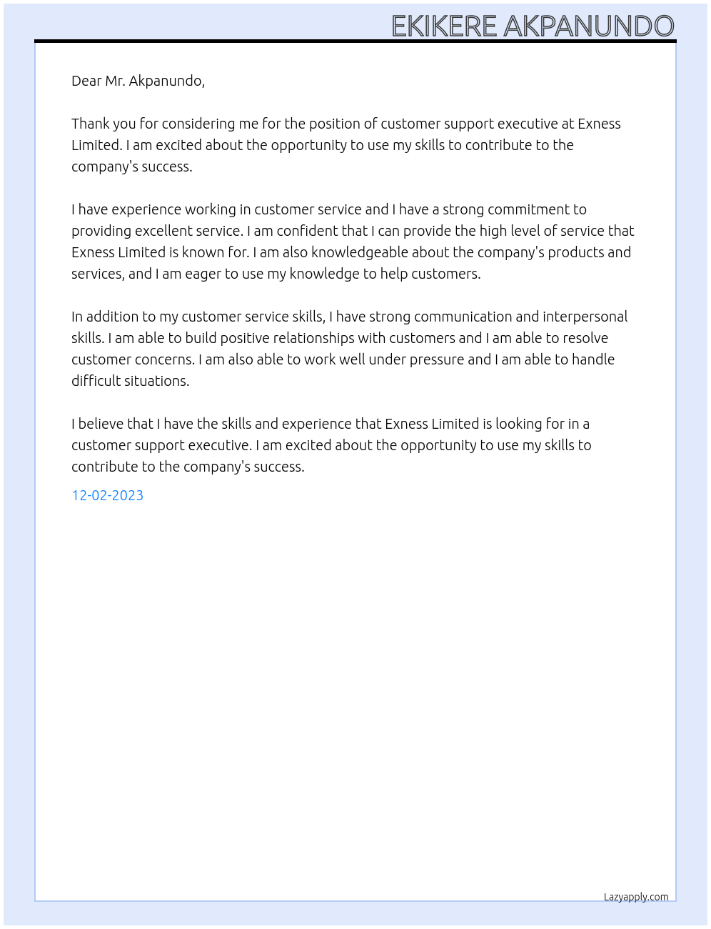 Customer support executive At Exness limited Cover Letter