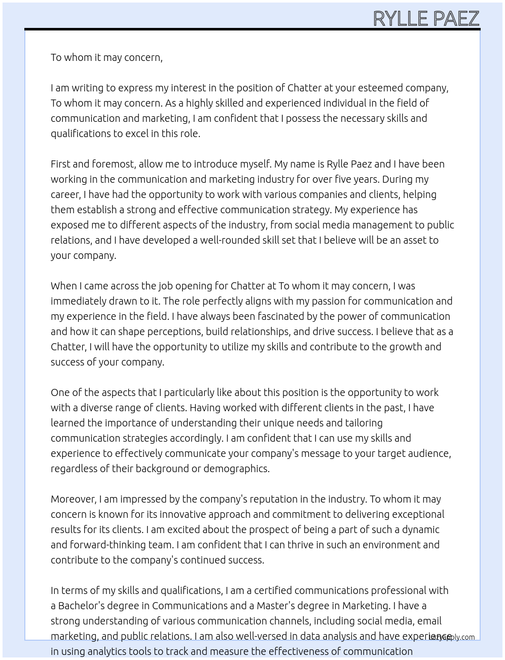 Chatter At To whom it may concern Cover Letter