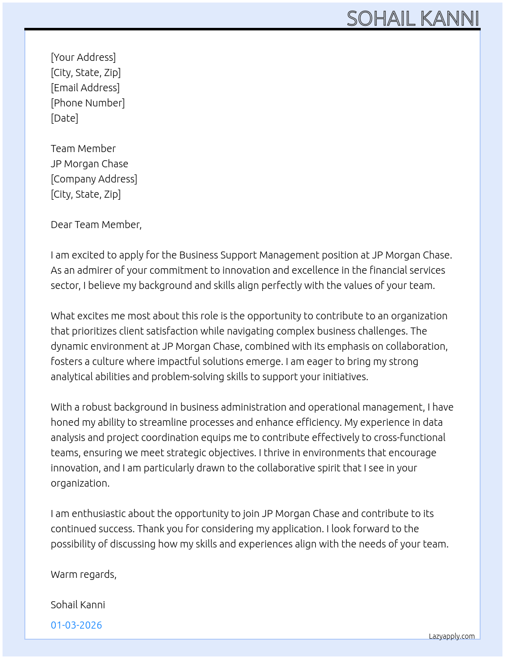 business support management At jp morgan chase Cover Letter