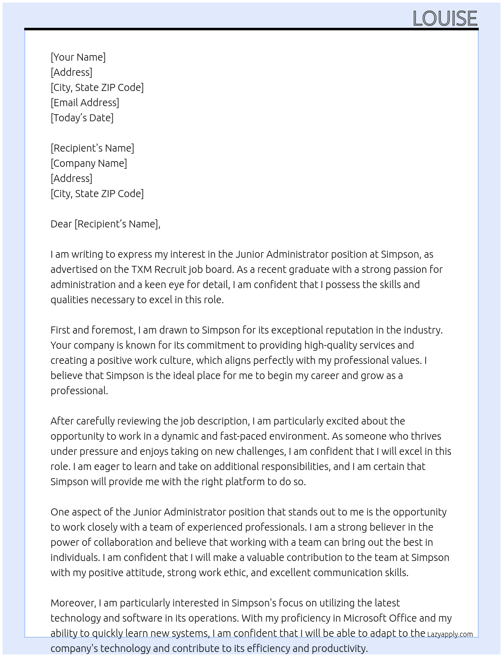 Junior Administrator At Simpson Cover Letter