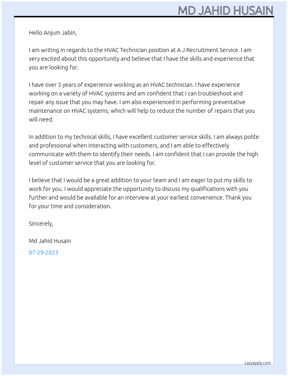 HVAC Technician At A J Recruitment Service Cover Letter