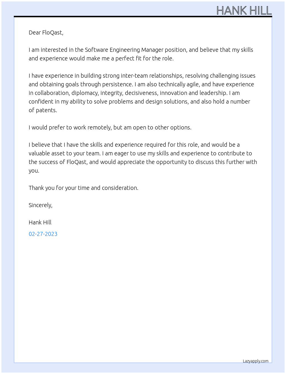 Software Engineering Manager  At FloQast Cover Letter