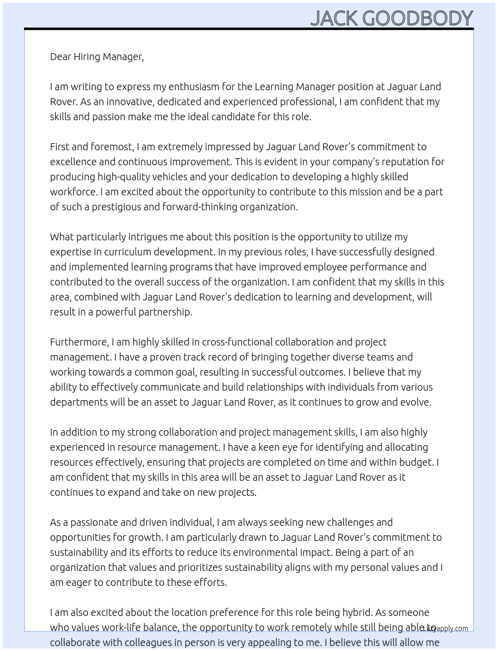 Learning Manager At Jaguar Land Rover Cover Letter