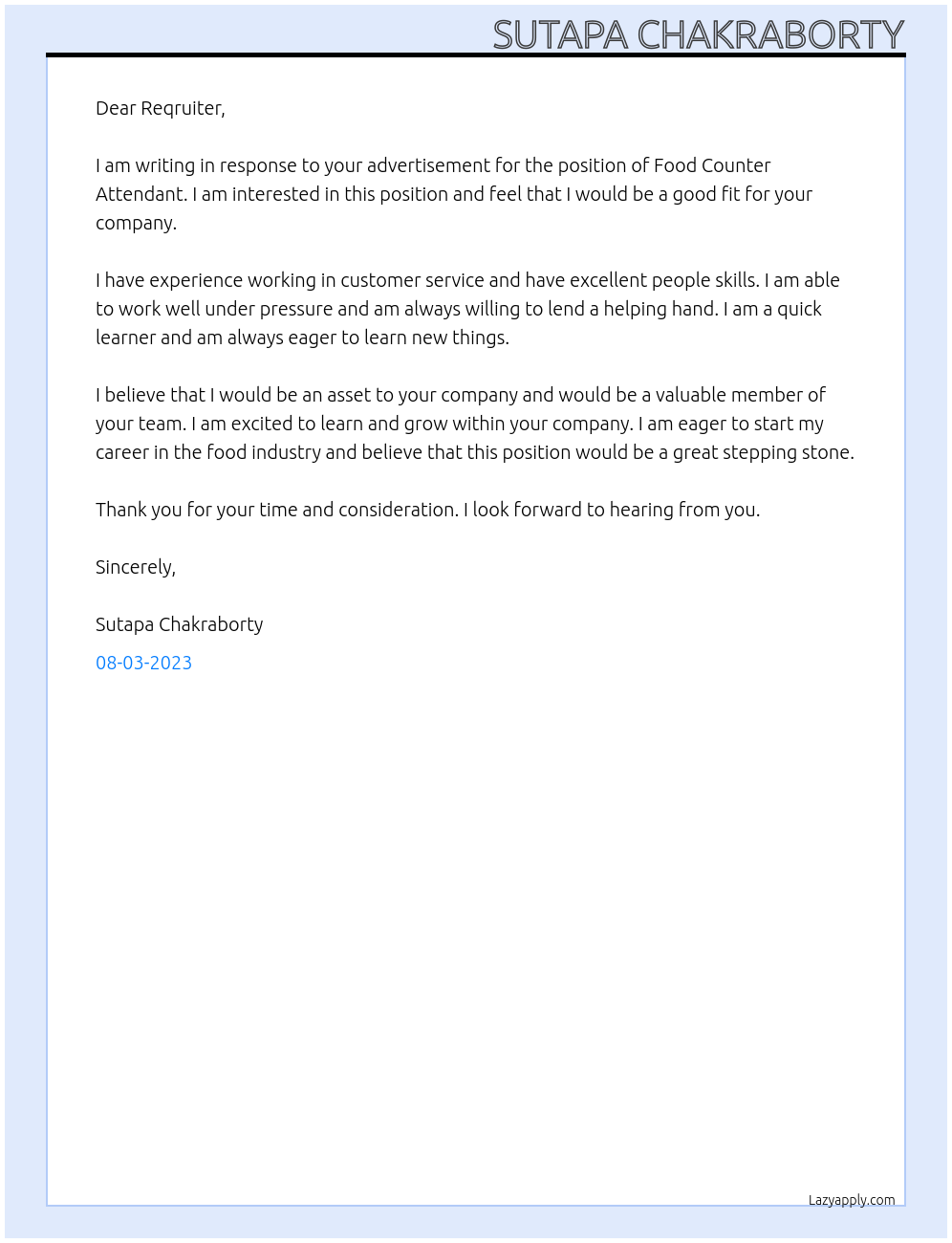 Food Counter Attendant At 1995286 ALBERTA LTD Cover Letter