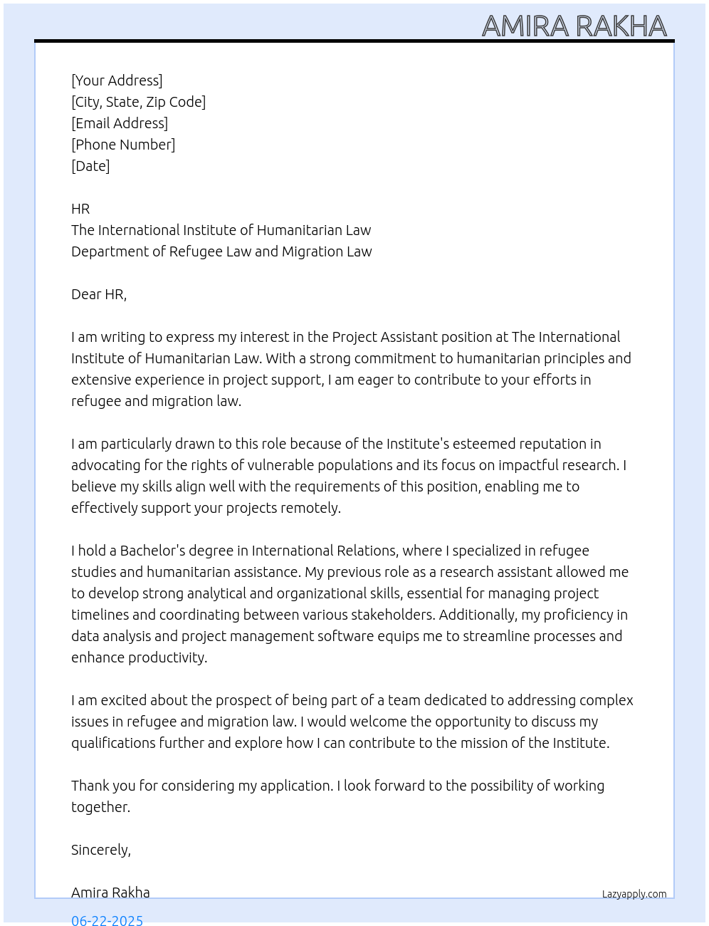 Cover letter for project assistant - remotely - LazyApply