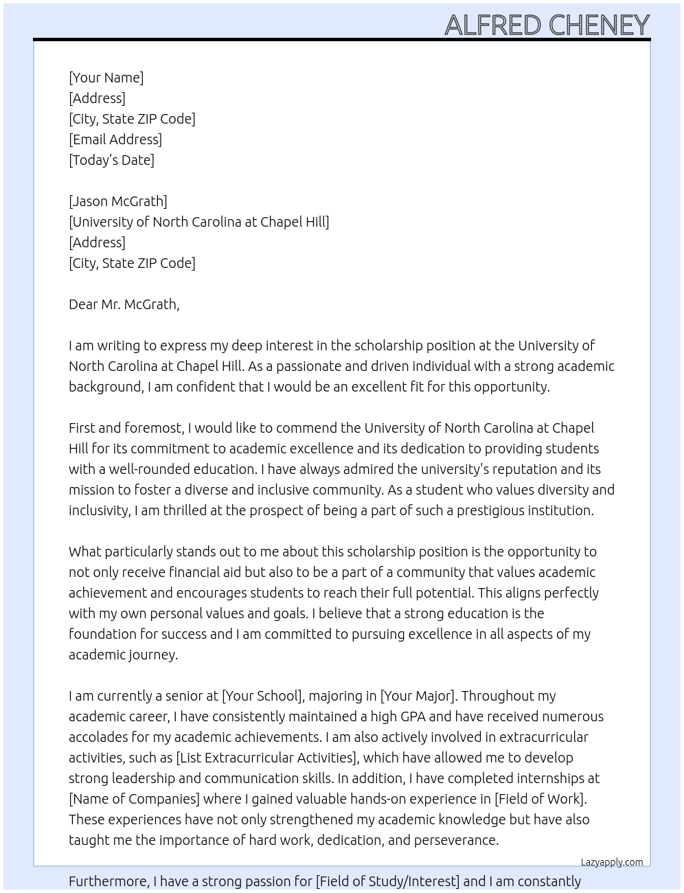 scholarship At University of North Carolina at Chapel Hill Cover Letter