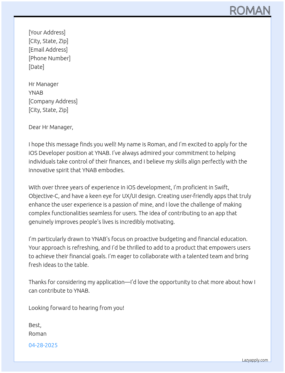 iOS Developer At YNAB Cover Letter