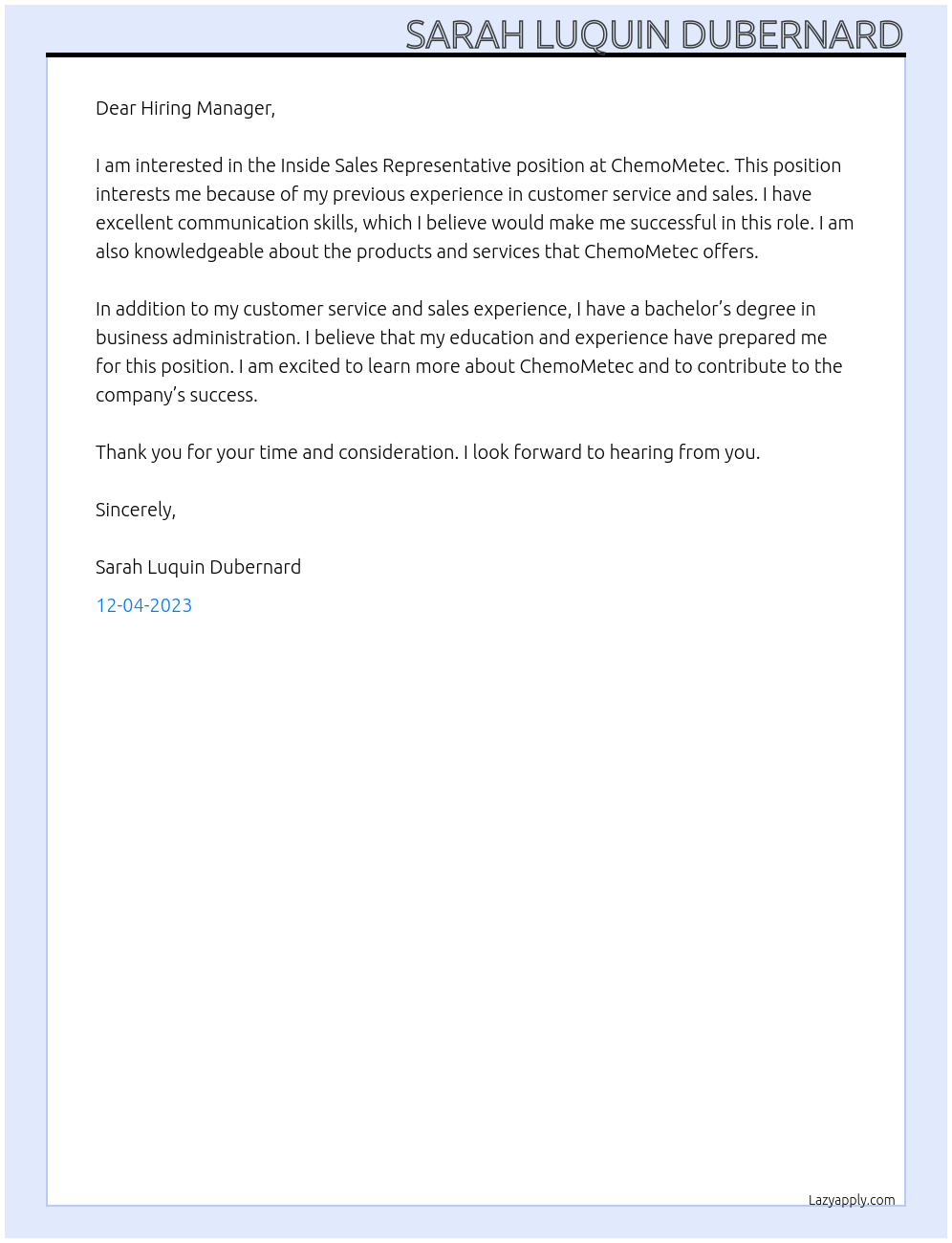 Inside Sales Representative At ChemoMetec Cover Letter