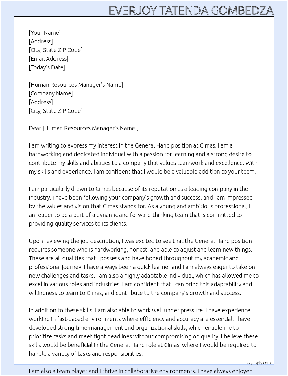 General Hand At Cimas Cover Letter