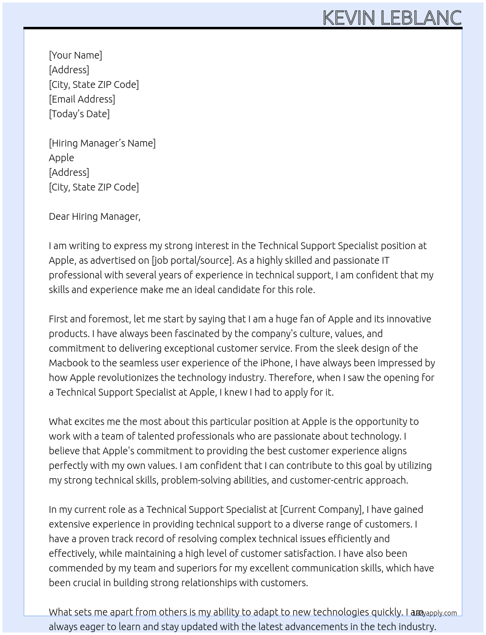 Technical Support Specialist At Apple Cover Letter