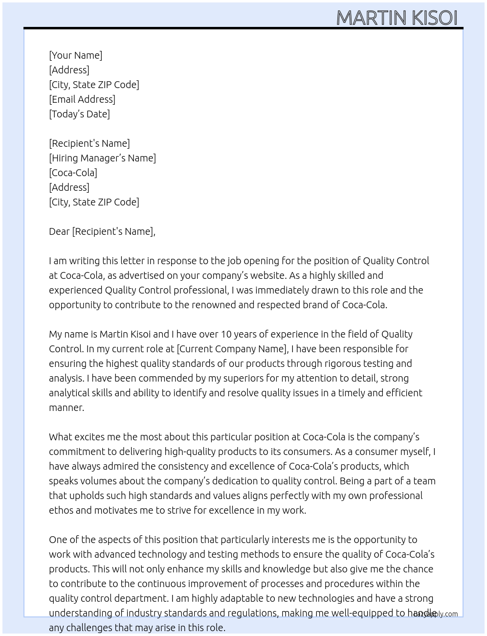 Quality control At Coca-Cola Cover Letter