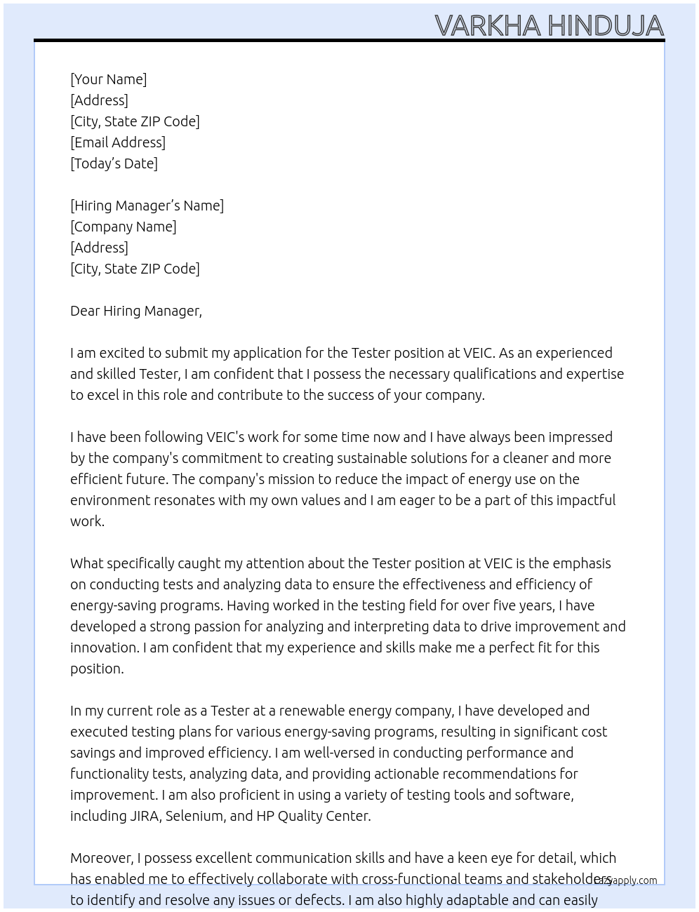 Tester At VEIC Cover Letter
