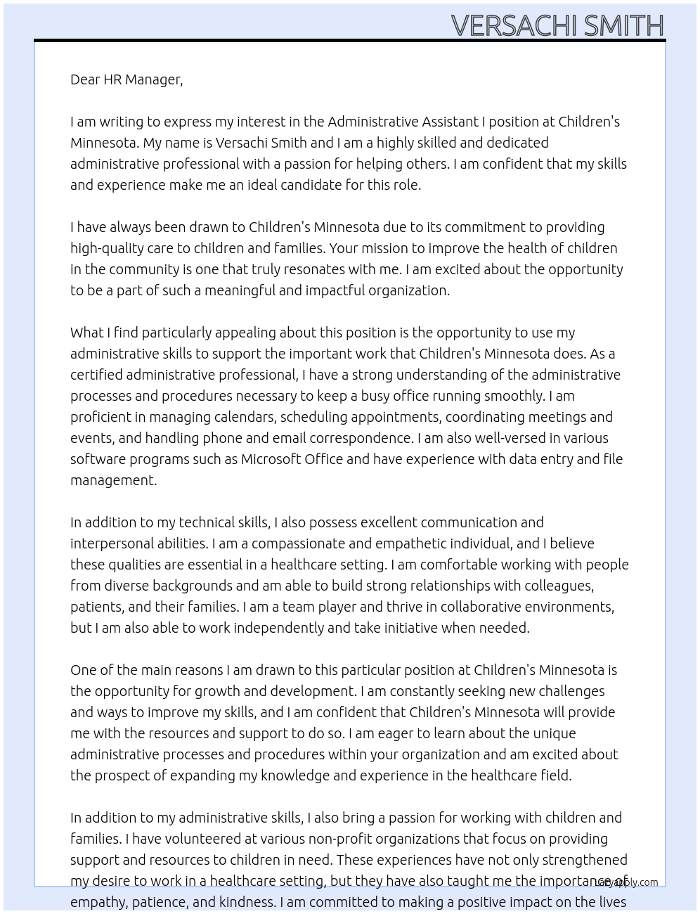 Administrative Assistant I At Children's Minnesota Cover Letter