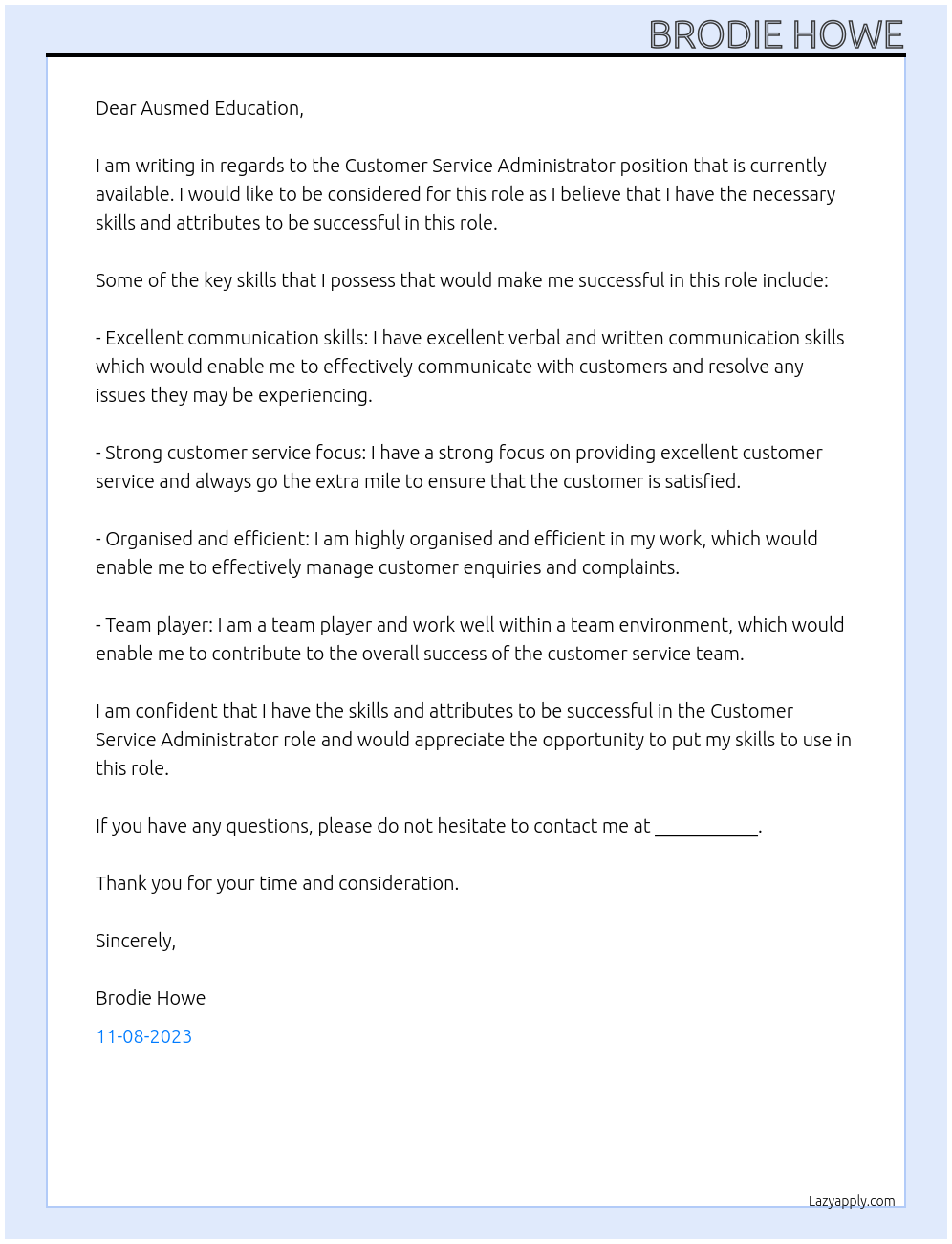 Customer Service Administrator At Ausmed Education Cover Letter