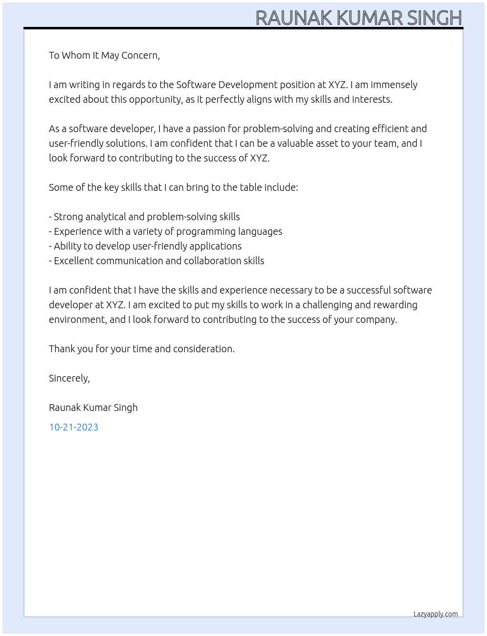 Software Development At xyz Cover Letter