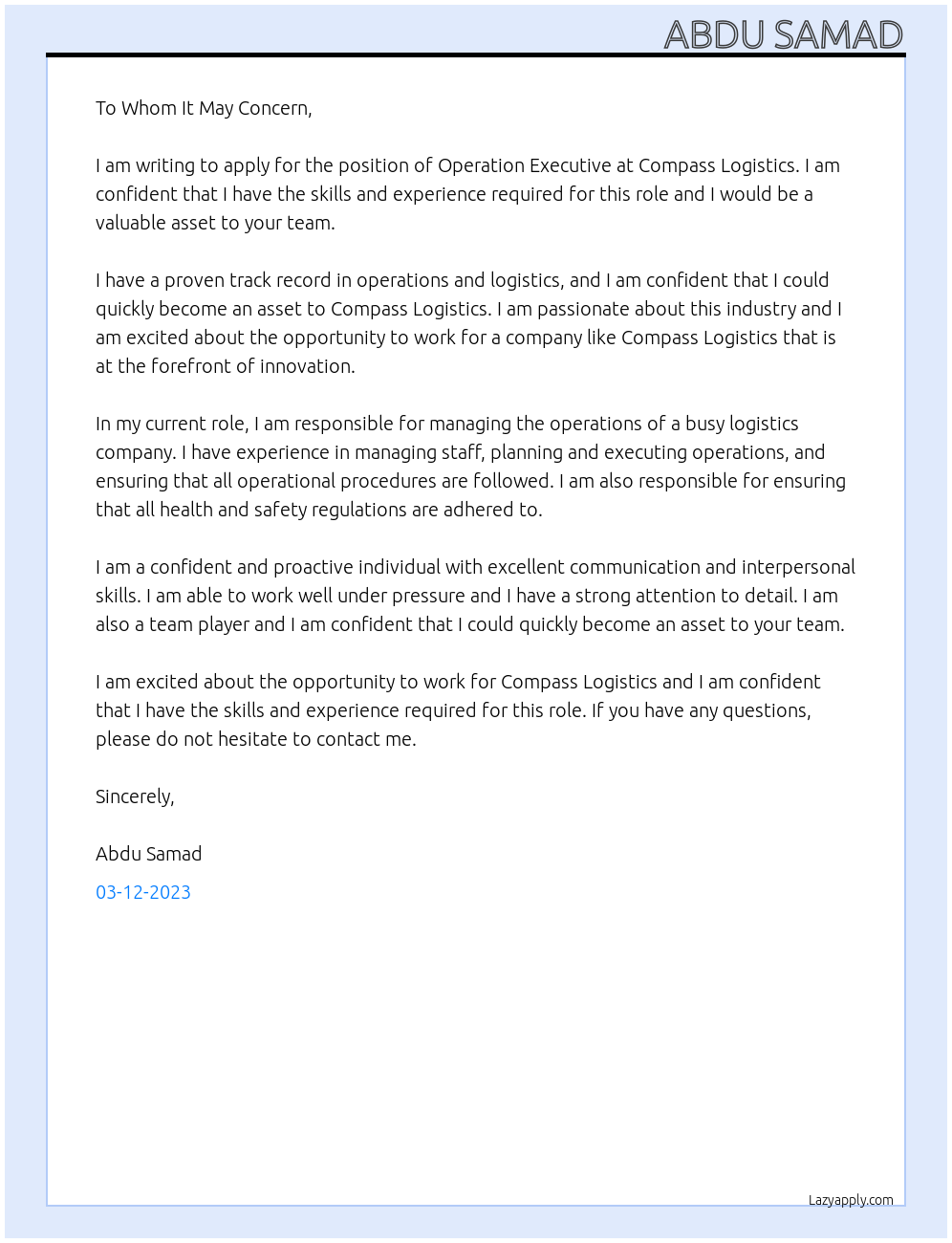 Operation Executive At Compass Logistics  Cover Letter