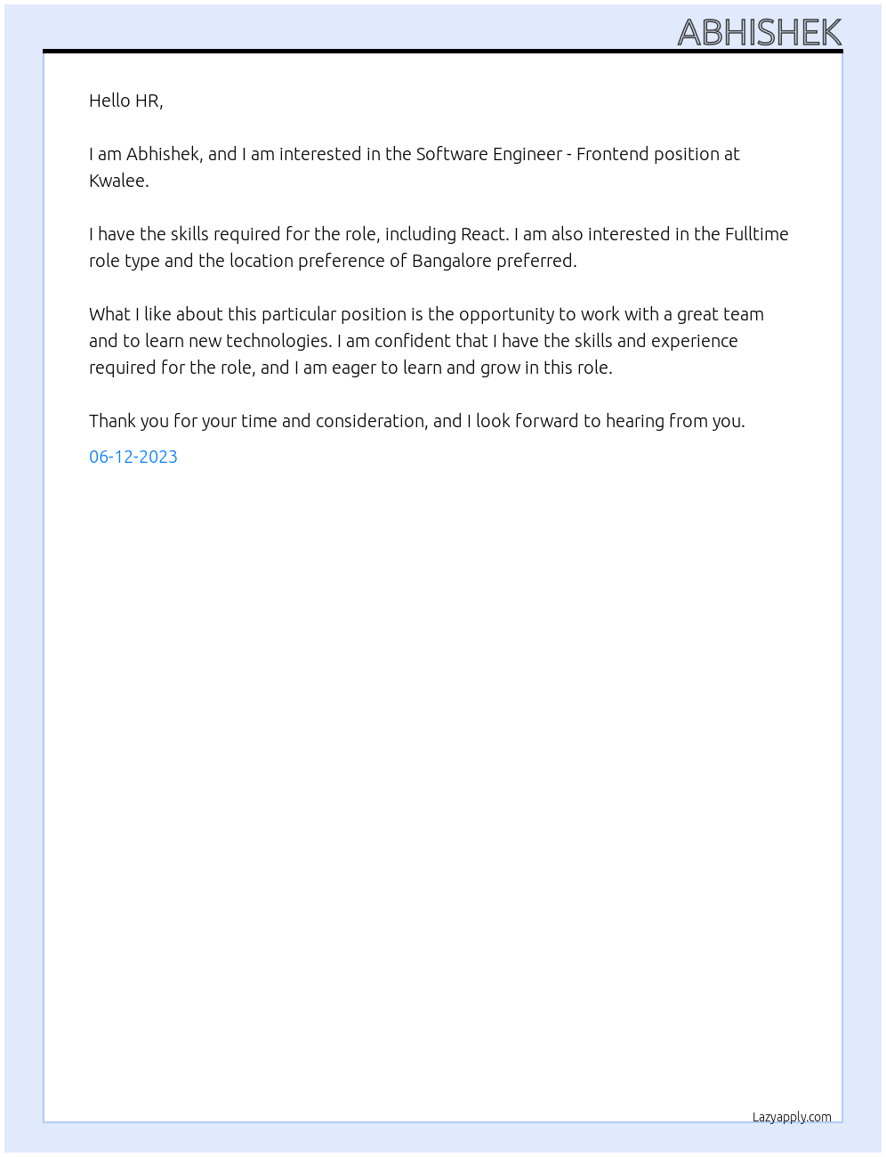 Software Engineer - Frontend At Kwalee Cover Letter