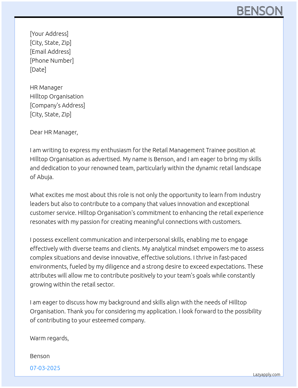 retail management trainee At Hilltop Organisation Cover Letter