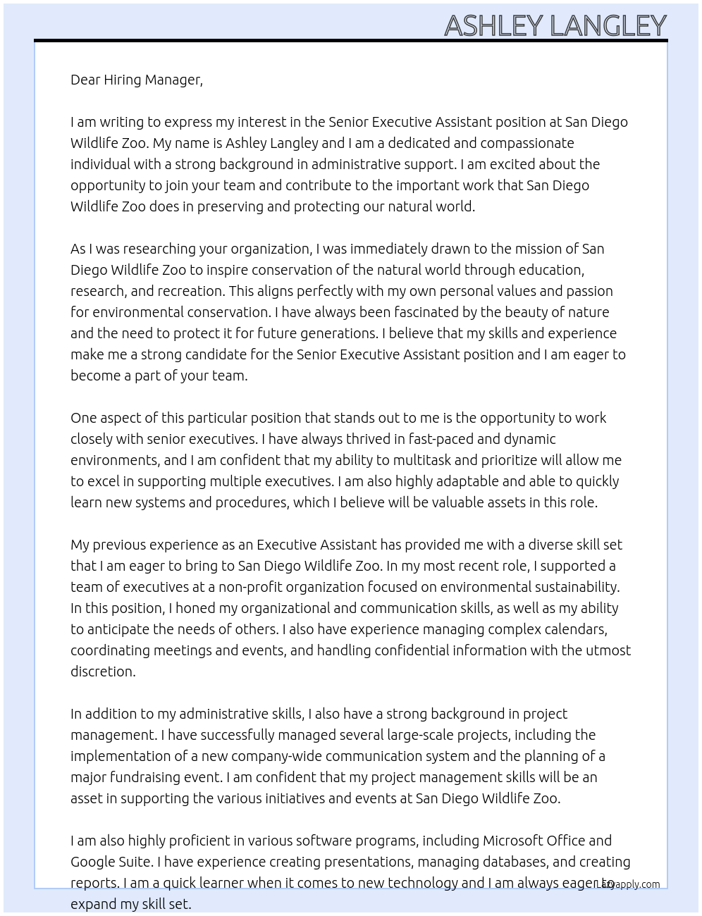 Senior Executive Assistant At San Diego Wildlife Zoo Cover Letter