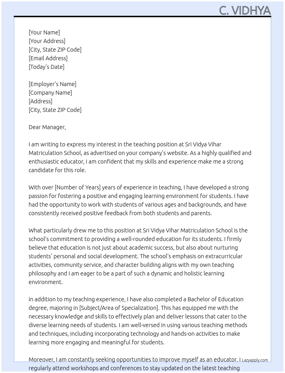 Teaching job At Sri vidya vihar matriculation school Cover Letter