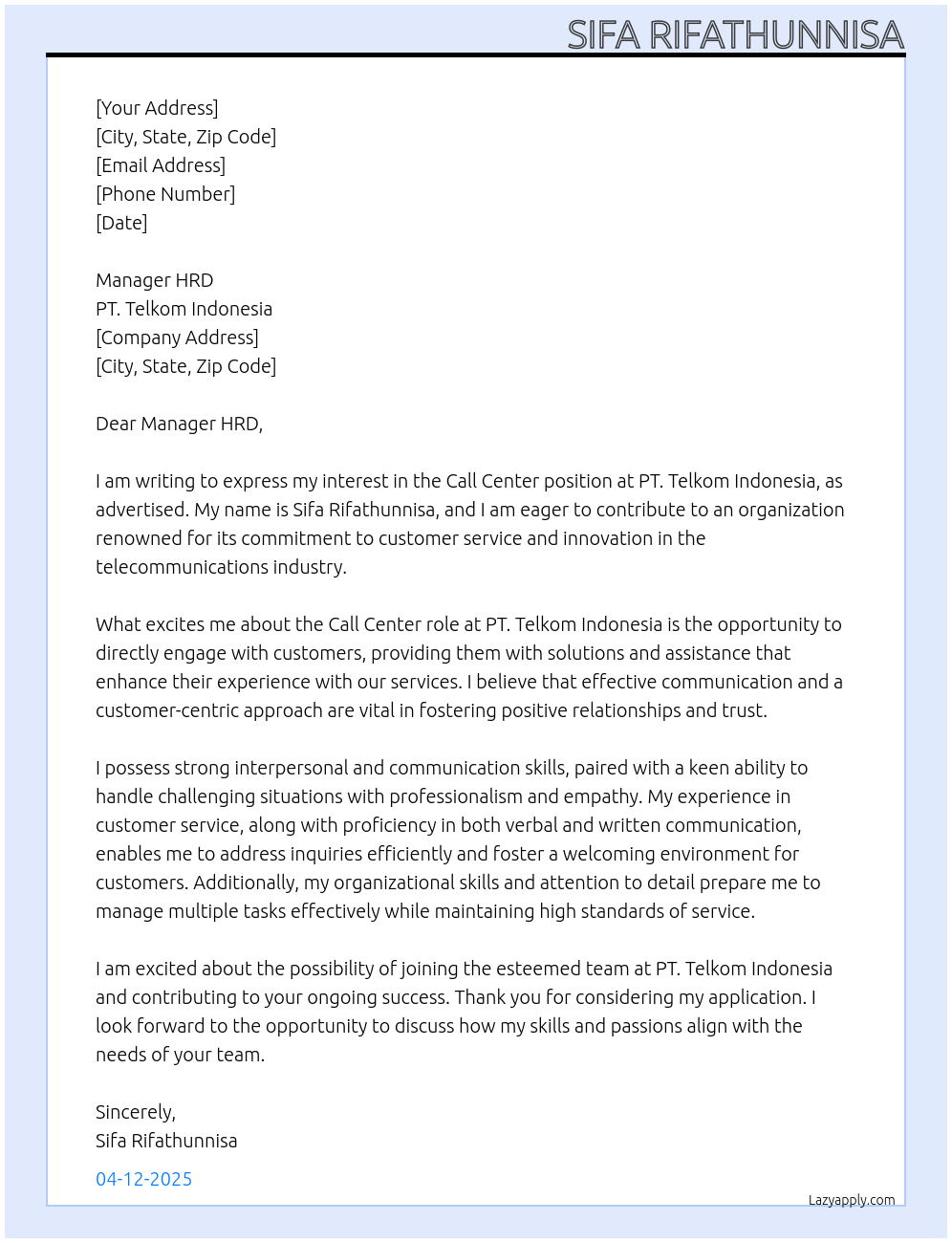 Call Center At PT. Telkom Indonesia Cover Letter