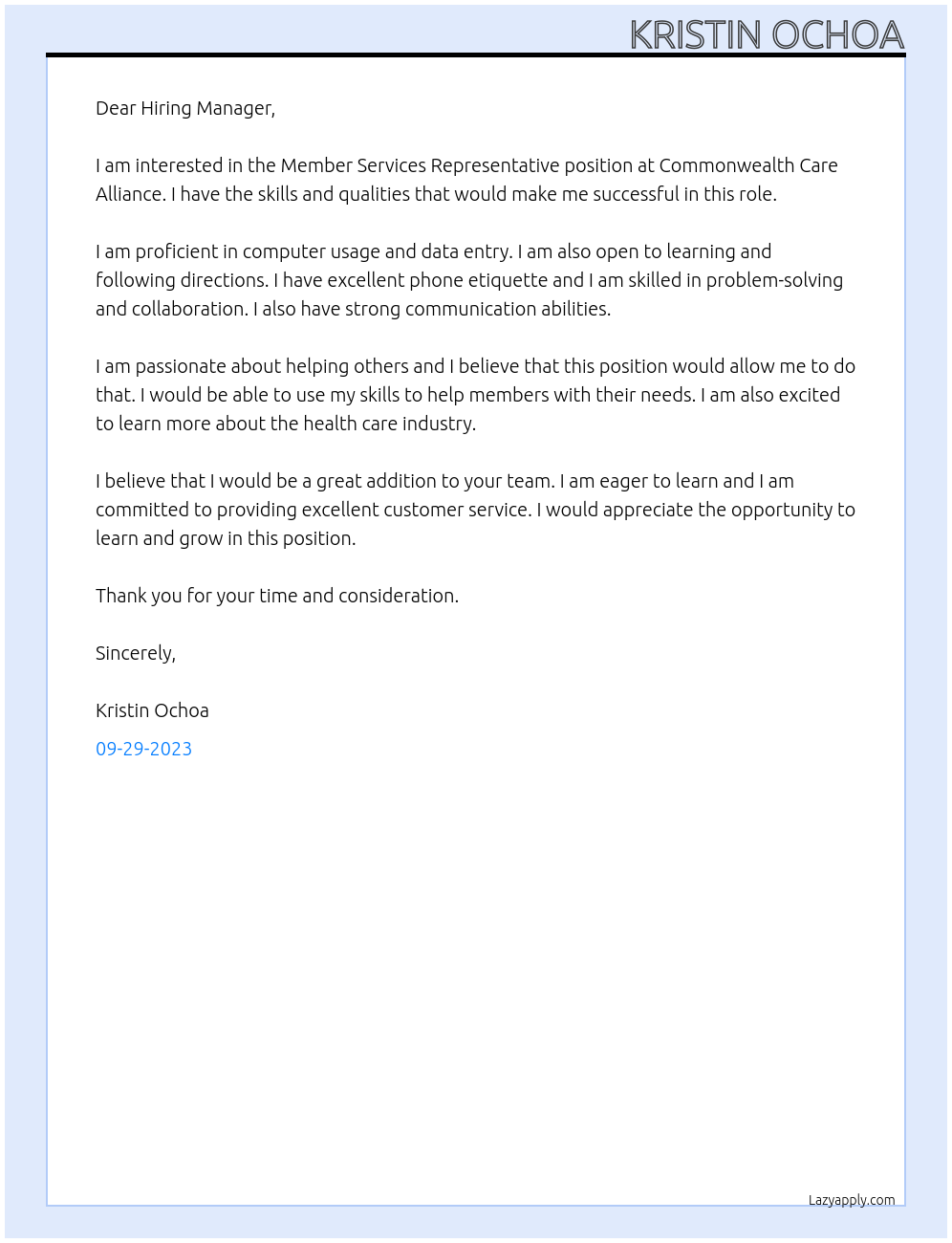 Member Services Representative At Commonwealth Care Alliance Cover Letter