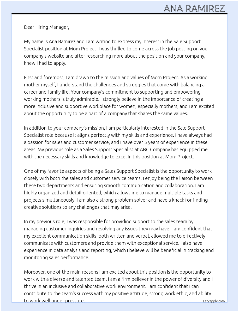 Sale support specialist At Mom project  Cover Letter