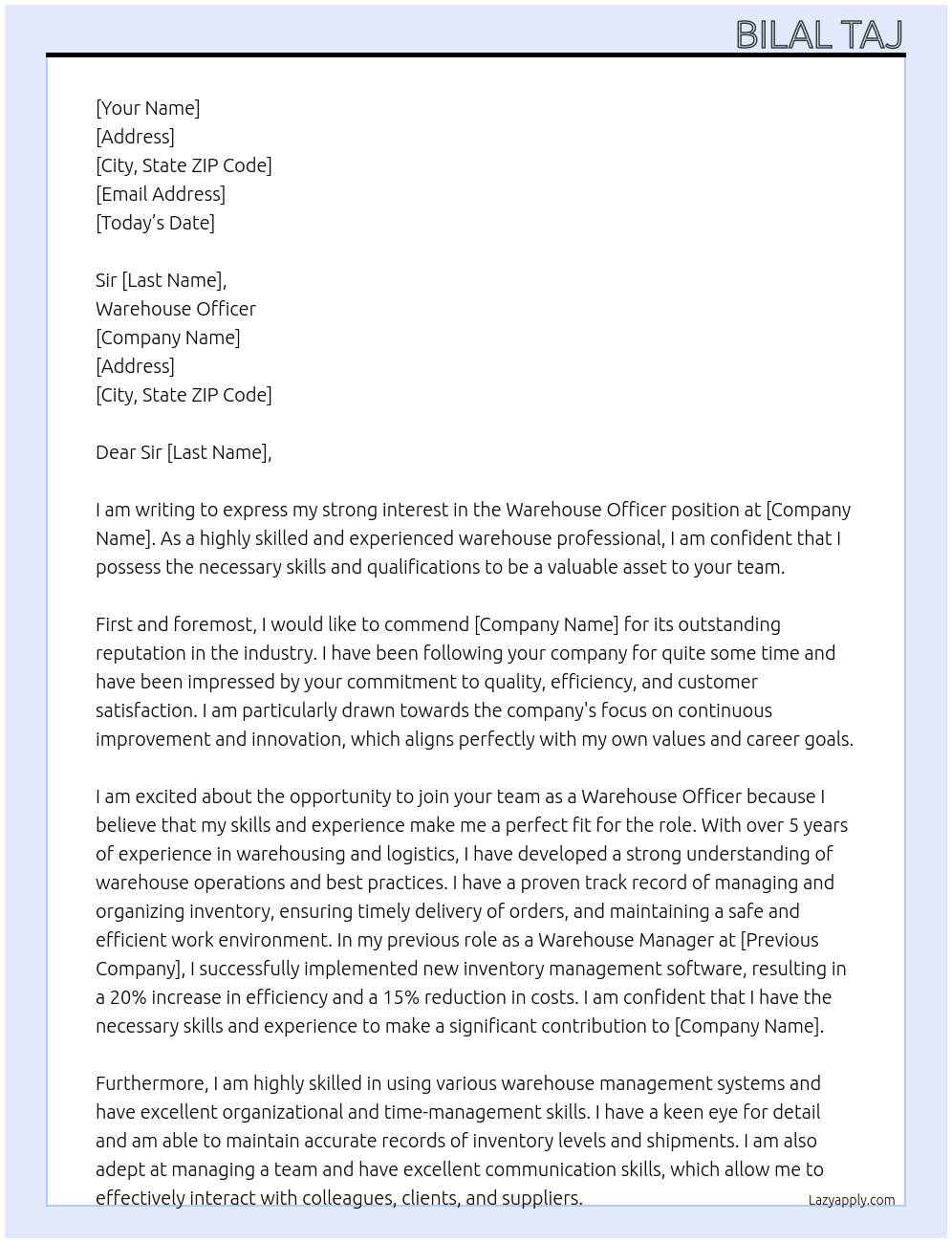 Warehouse Officer At x Cover Letter