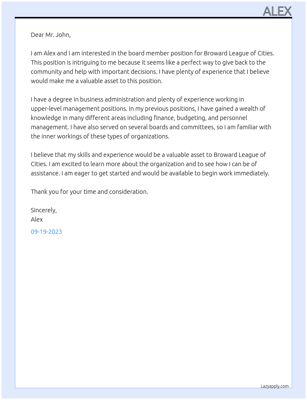 board member At broward league of cities Cover Letter