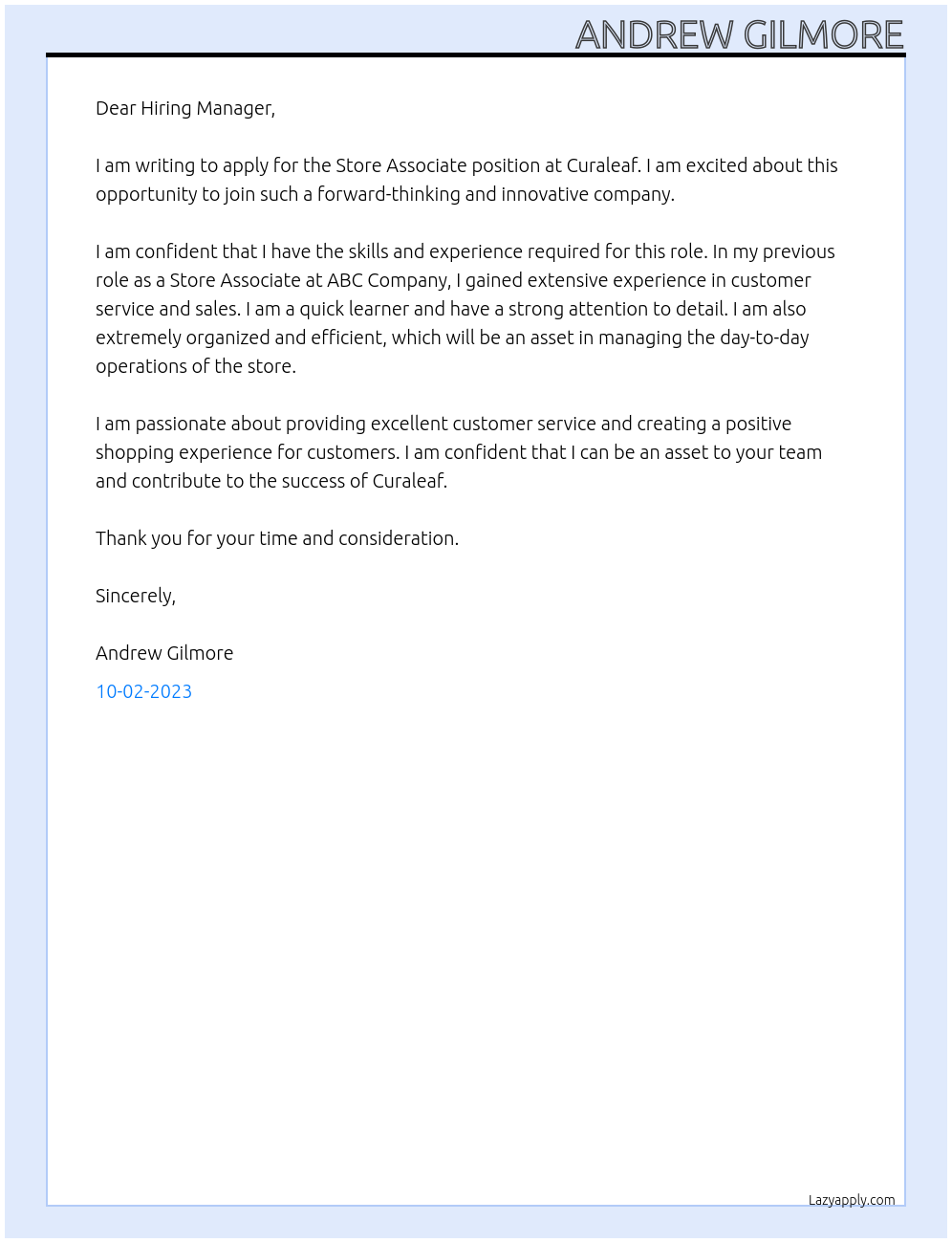 Store Associate At Curaleaf Cover Letter