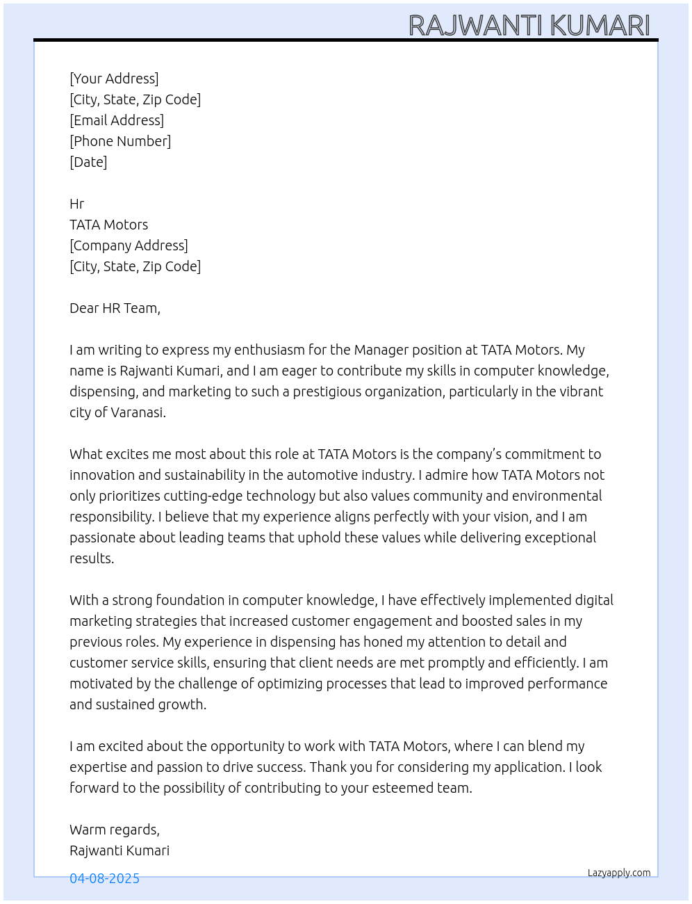 Manager  At TATA Moters  Cover Letter