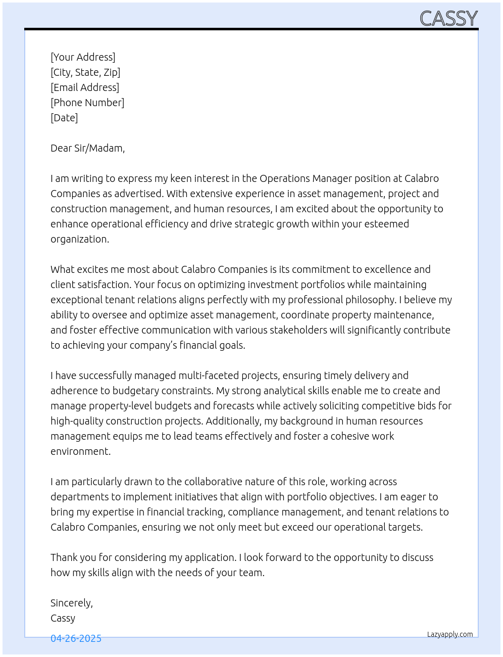 Operations Manager At Calabro Companies Cover Letter