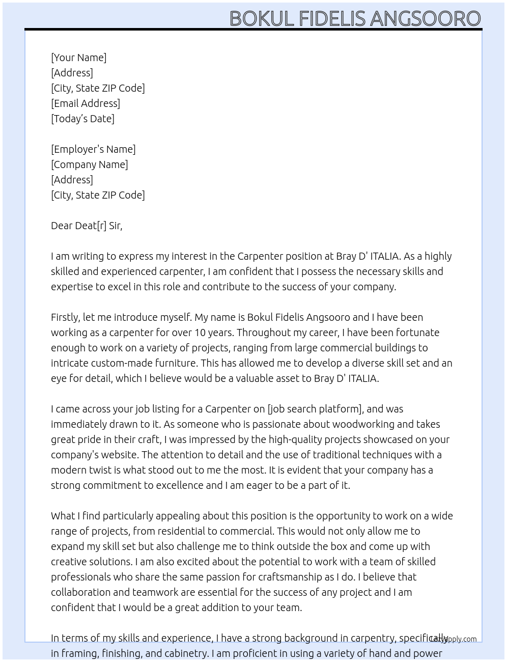 Carpenter  At Bray D' ITALIA Cover Letter