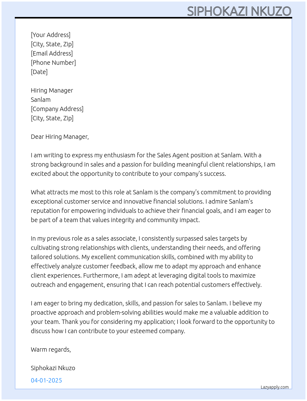 Sales agent At sanlam Cover Letter