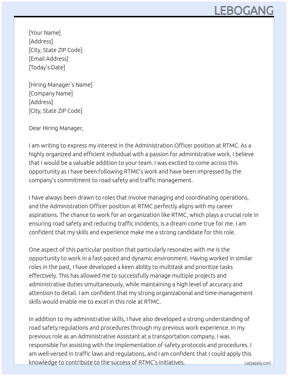 Administration officer At RTMC Cover Letter